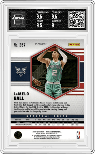 LaMelo Ball from the 2020-21 Panini Mosaic set featuring a Green Mosaic parallel graded by Arena Club and given an overall grade of 9.5.