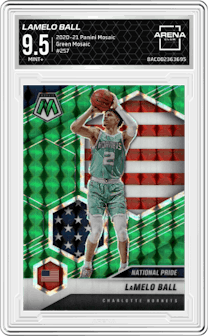 LaMelo Ball from the 2020-21 Panini Mosaic set featuring a Green Mosaic parallel graded by Arena Club and given an overall grade of 9.5.