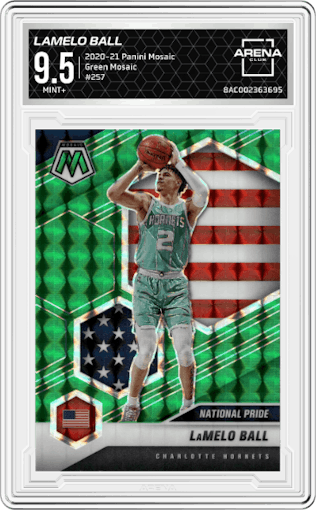 LaMelo Ball from the 2020-21 Panini Mosaic set featuring a Green Mosaic parallel graded by Arena Club and given an overall grade of 9.5.
