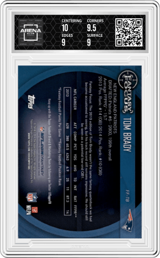 Tom Brady from the 2014 Topps Chrome set graded by Arena Club and given an overall grade of 9.5.