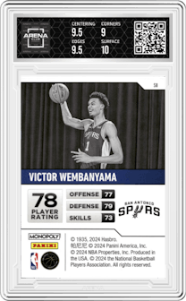 Victor Wembanyama from the 2023-24 Panini Prizm Monopoly set graded by Arena Club and given an overall grade of 9.5.
