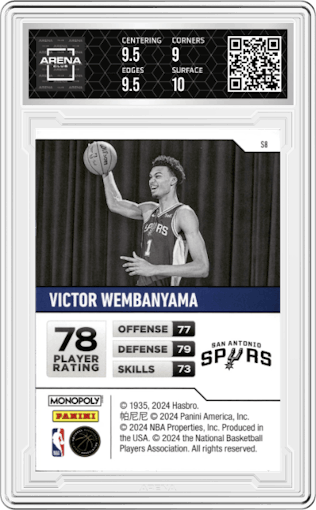 Victor Wembanyama from the 2023-24 Panini Prizm Monopoly set graded by Arena Club and given an overall grade of 9.5.