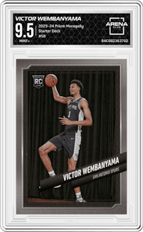 Victor Wembanyama from the 2023-24 Panini Prizm Monopoly set graded by Arena Club and given an overall grade of 9.5.