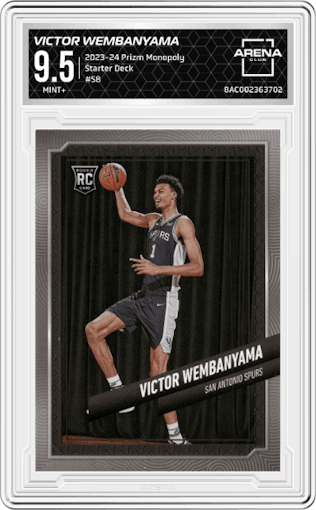 Victor Wembanyama from the 2023-24 Panini Prizm Monopoly set graded by Arena Club and given an overall grade of 9.5.