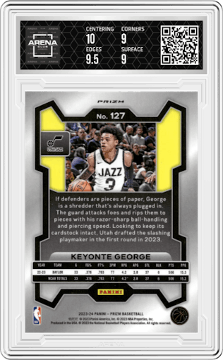Keyonte George from the 2023-24 Panini Prizm set featuring a Green Prizm parallel graded by Arena Club and given an overall grade of 9.5.