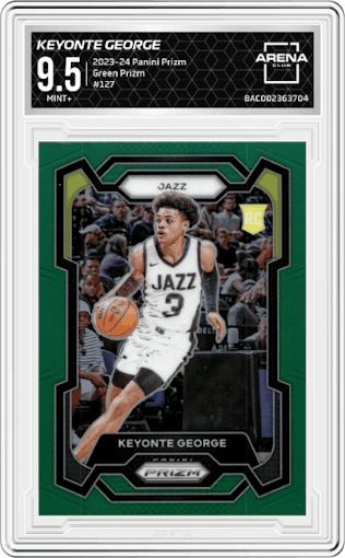 Keyonte George from the 2023-24 Panini Prizm set featuring a Green Prizm parallel graded by Arena Club and given an overall grade of 9.5.