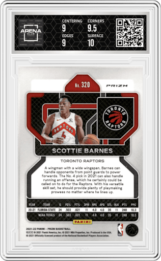 Scottie Barnes from the 2021-22 Panini Prizm  set featuring a Pink Ice parallel graded by Arena Club and given an overall grade of 9.5.