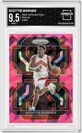 Scottie Barnes from the 2021-22 Panini Prizm  set featuring a Pink Ice parallel graded by Arena Club and given an overall grade of 9.5.