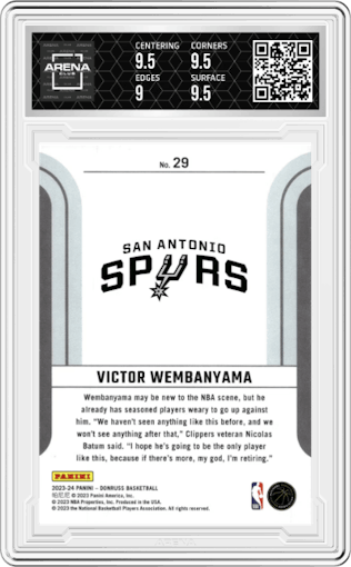 Victor Wembanyama  from the 2023-24 Panini Donruss set graded by Arena Club and given an overall grade of 9.5.