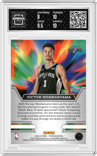 Victor Wembanyama from the 2023-24 Panini Prizm set graded by Arena Club and given an overall grade of 8.5.