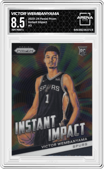 Victor Wembanyama from the 2023-24 Panini Prizm set graded by Arena Club and given an overall grade of 8.5.