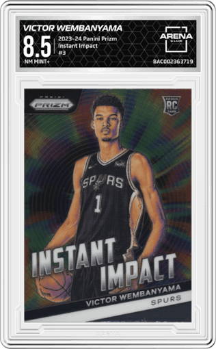 Victor Wembanyama from the 2023-24 Panini Prizm set graded by Arena Club and given an overall grade of 8.5.