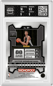 Victor Wembanyama from the 2023-24 Panini Prizm Monopoly set graded by Arena Club and given an overall grade of 9.5.