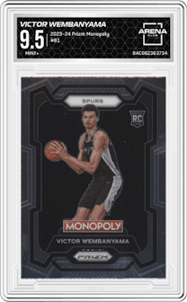 Victor Wembanyama from the 2023-24 Panini Prizm Monopoly set graded by Arena Club and given an overall grade of 9.5.