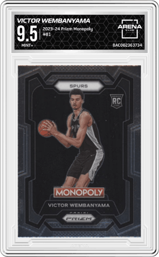 Victor Wembanyama from the 2023-24 Panini Prizm Monopoly set graded by Arena Club and given an overall grade of 9.5.
