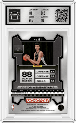 Victor Wembanyama from the 2023-24 Panini Prizm Monopoly set graded by Arena Club and given an overall grade of 10.