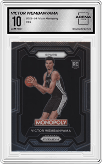 Victor Wembanyama from the 2023-24 Panini Prizm Monopoly set graded by Arena Club and given an overall grade of 10.