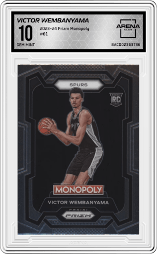 Victor Wembanyama from the 2023-24 Panini Prizm Monopoly set graded by Arena Club and given an overall grade of 10.