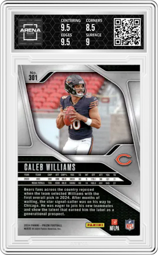 Caleb Williams from the 2024 Panini Prizm set graded by Arena Club and given an overall grade of 9.