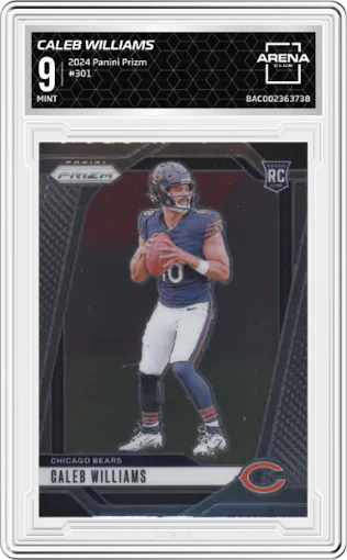Caleb Williams from the 2024 Panini Prizm set graded by Arena Club and given an overall grade of 9.
