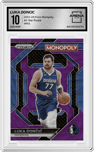 Luka Doncic from the 2023-24 Panini Prizm Monopoly set featuring a Purple parallel graded by Arena Club and given an overall grade of 10.