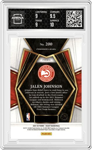 Jalen Johnson from the 2021-22 Panini Select set featuring a Red Wave parallel graded by Arena Club and given an overall grade of 9.5.