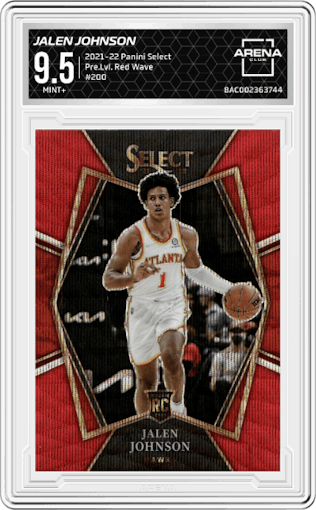 Jalen Johnson from the 2021-22 Panini Select set featuring a Red Wave parallel graded by Arena Club and given an overall grade of 9.5.
