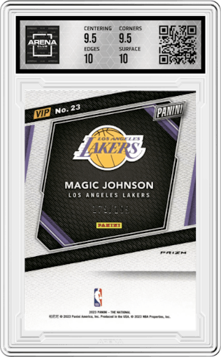 Magic Johnson  from the 2023 Panini The National VIP set featuring a Red Sparkle parallel graded by Arena Club and given an overall grade of 10.