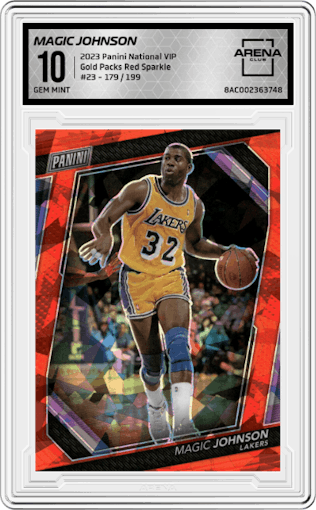 Magic Johnson  from the 2023 Panini The National VIP set featuring a Red Sparkle parallel graded by Arena Club and given an overall grade of 10.