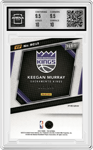 Keegan Murray from the 2023 Panini The National VIP set featuring a Blue Sparkle parallel graded by Arena Club and given an overall grade of 10.