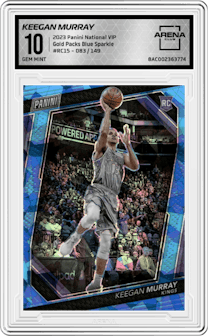 Keegan Murray from the 2023 Panini The National VIP set featuring a Blue Sparkle parallel graded by Arena Club and given an overall grade of 10.