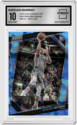 Keegan Murray from the 2023 Panini The National VIP set featuring a Blue Sparkle parallel graded by Arena Club and given an overall grade of 10.