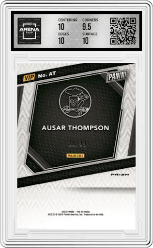Ausar Thompson from the 2023 Panini The National VIP set featuring a Green Sparkle parallel graded by Arena Club and given an overall grade of 10.