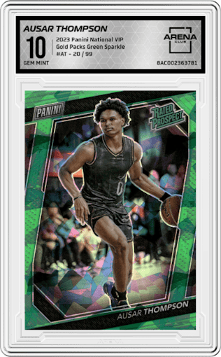 Ausar Thompson from the 2023 Panini The National VIP set featuring a Green Sparkle parallel graded by Arena Club and given an overall grade of 10.