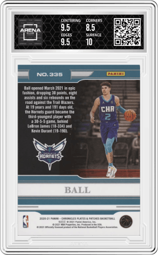 LaMelo Ball from the 2020-21 Panini Chronicles set featuring a Red parallel graded by Arena Club and given an overall grade of 9.