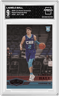 LaMelo Ball from the 2020-21 Panini Chronicles set featuring a Red parallel graded by Arena Club and given an overall grade of 9.