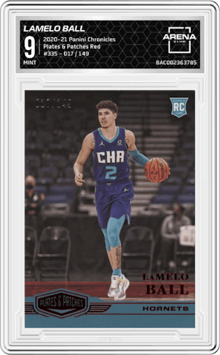 LaMelo Ball from the 2020-21 Panini Chronicles set featuring a Red parallel graded by Arena Club and given an overall grade of 9.