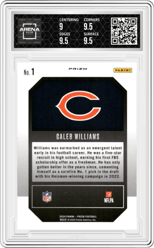 Caleb Williams from the 2024 Panini Prizm set featuring a Green Ice parallel graded by Arena Club and given an overall grade of 9.5.