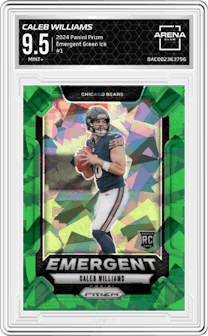 Caleb Williams from the 2024 Panini Prizm set featuring a Green Ice parallel graded by Arena Club and given an overall grade of 9.5.
