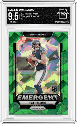 Caleb Williams from the 2024 Panini Prizm set featuring a Green Ice parallel graded by Arena Club and given an overall grade of 9.5.