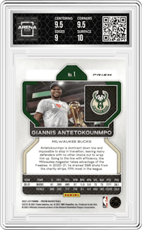 Giannis Antetokounmpo from the 2021-22 Panini Prizm  set featuring a Green Prizm parallel graded by Arena Club and given an overall grade of 9.5.