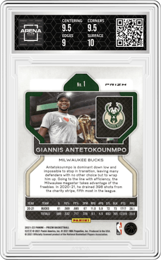 Giannis Antetokounmpo from the 2021-22 Panini Prizm  set featuring a Green Prizm parallel graded by Arena Club and given an overall grade of 9.5.