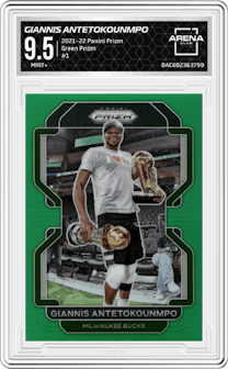 Giannis Antetokounmpo from the 2021-22 Panini Prizm  set featuring a Green Prizm parallel graded by Arena Club and given an overall grade of 9.5.