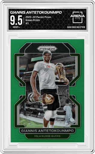 Giannis Antetokounmpo from the 2021-22 Panini Prizm  set featuring a Green Prizm parallel graded by Arena Club and given an overall grade of 9.5.