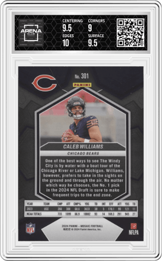 Caleb Williams from the 2024 Panini Mosaic set graded by Arena Club and given an overall grade of 9.5.