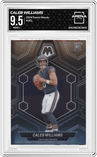 Caleb Williams from the 2024 Panini Mosaic set graded by Arena Club and given an overall grade of 9.5.