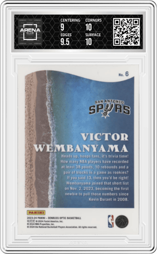 Victor Wembanyama from the 2023-24 Donruss Optic set graded by Arena Club and given an overall grade of 9.5.