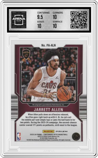 Jarrett Allen from the 2023-24 Panini Contenders Optic set graded by Arena Club and given an overall grade of 10.