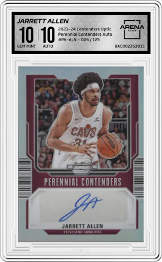 Jarrett Allen from the 2023-24 Panini Contenders Optic set graded by Arena Club and given an overall grade of 10.