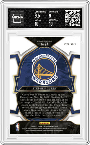 Stephen Curry from the 2022-23 Panini Select set featuring a Red Wave parallel graded by Arena Club and given an overall grade of 9.5.
